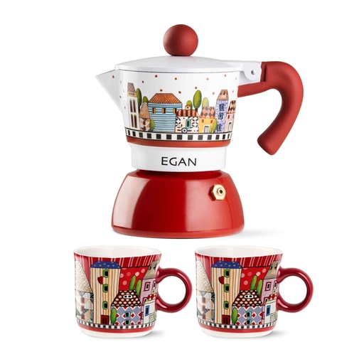 [114927] KAFETIERA + 2 ESPRESSO SKODELICI PAESE MIO RED